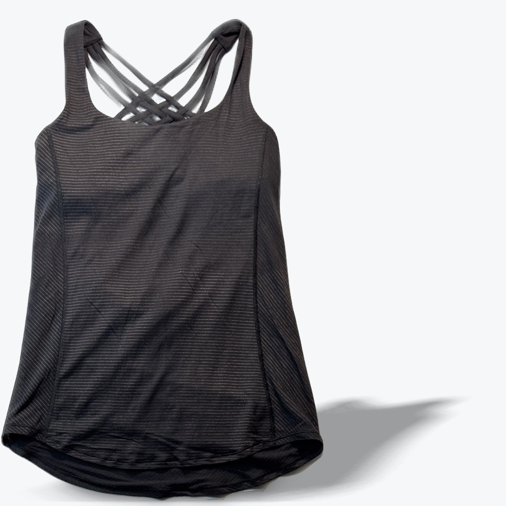 Lululemon Tank Top Built-in Bra Strappy Back Wild Black Pinstripe Yoga Workout